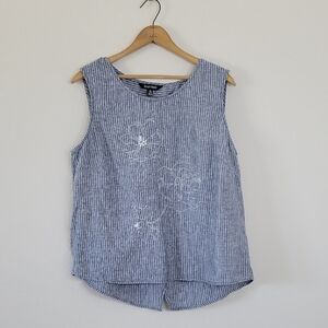 Ellen Tracy Blue White Striped Embroidered Linen Split Back Tank Size XL